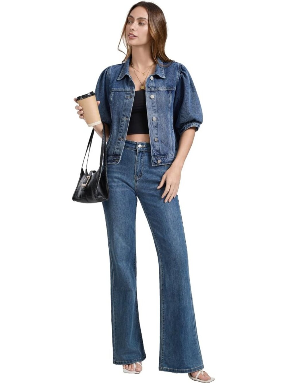 Women's Grey Blue Cropped Short Puff Sleeve Trendy Denim Jackets with Pockets - Picture 2 of 5